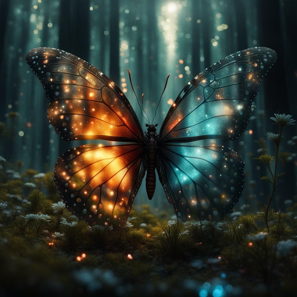 Glass Butterfly in a Sparkling Forest