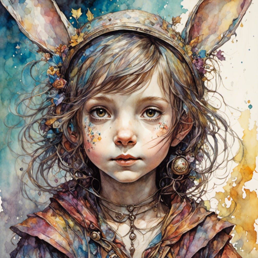 Adorable Girl in Bunny Costume: Ink Linework Portrait