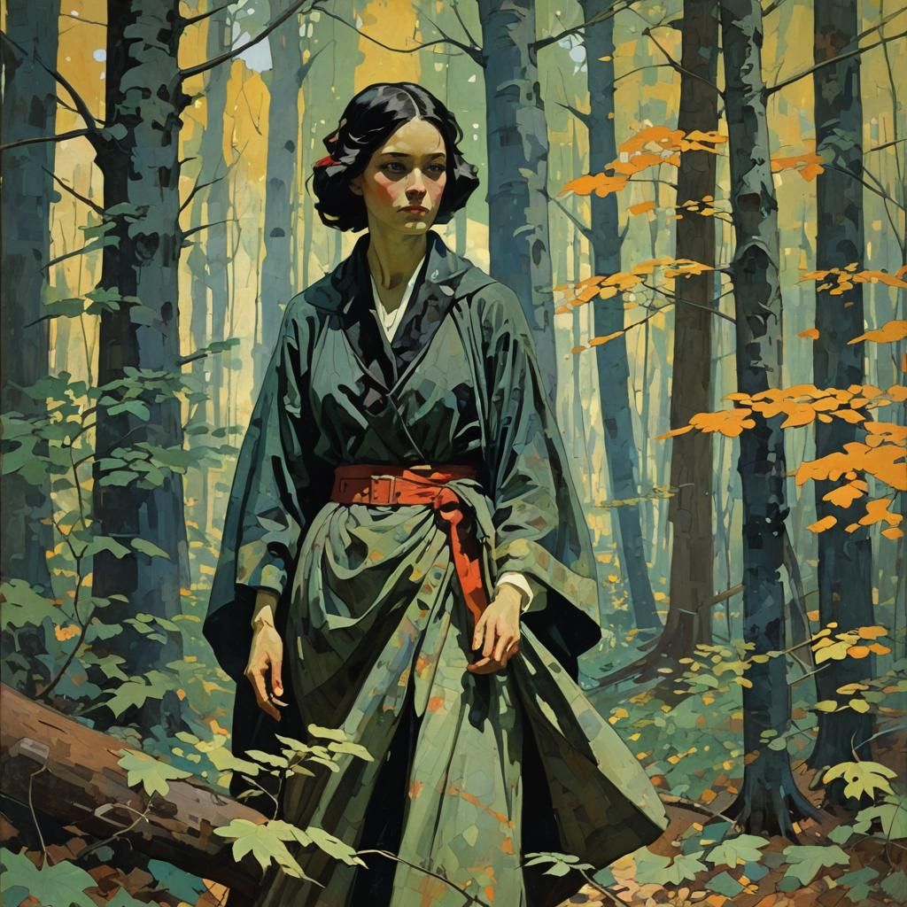 Woman in Woods: Abstract Art with Complementary Colors