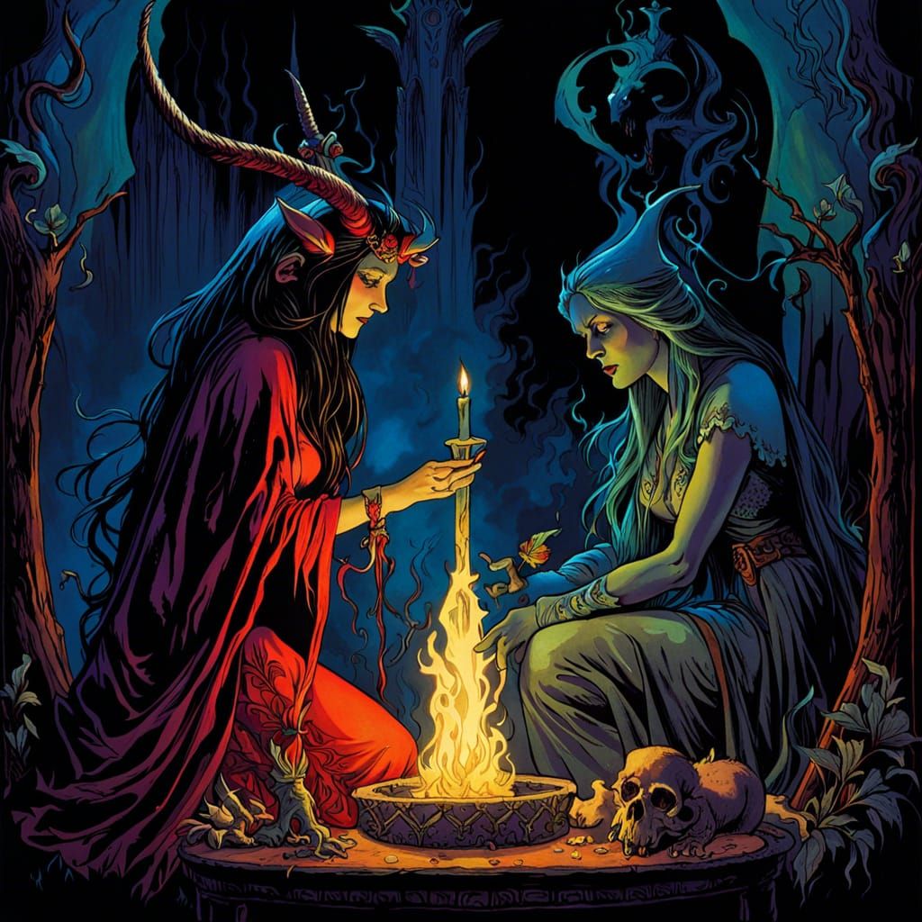 Witch's Sacrifice to Baphomet in Watercolor Style