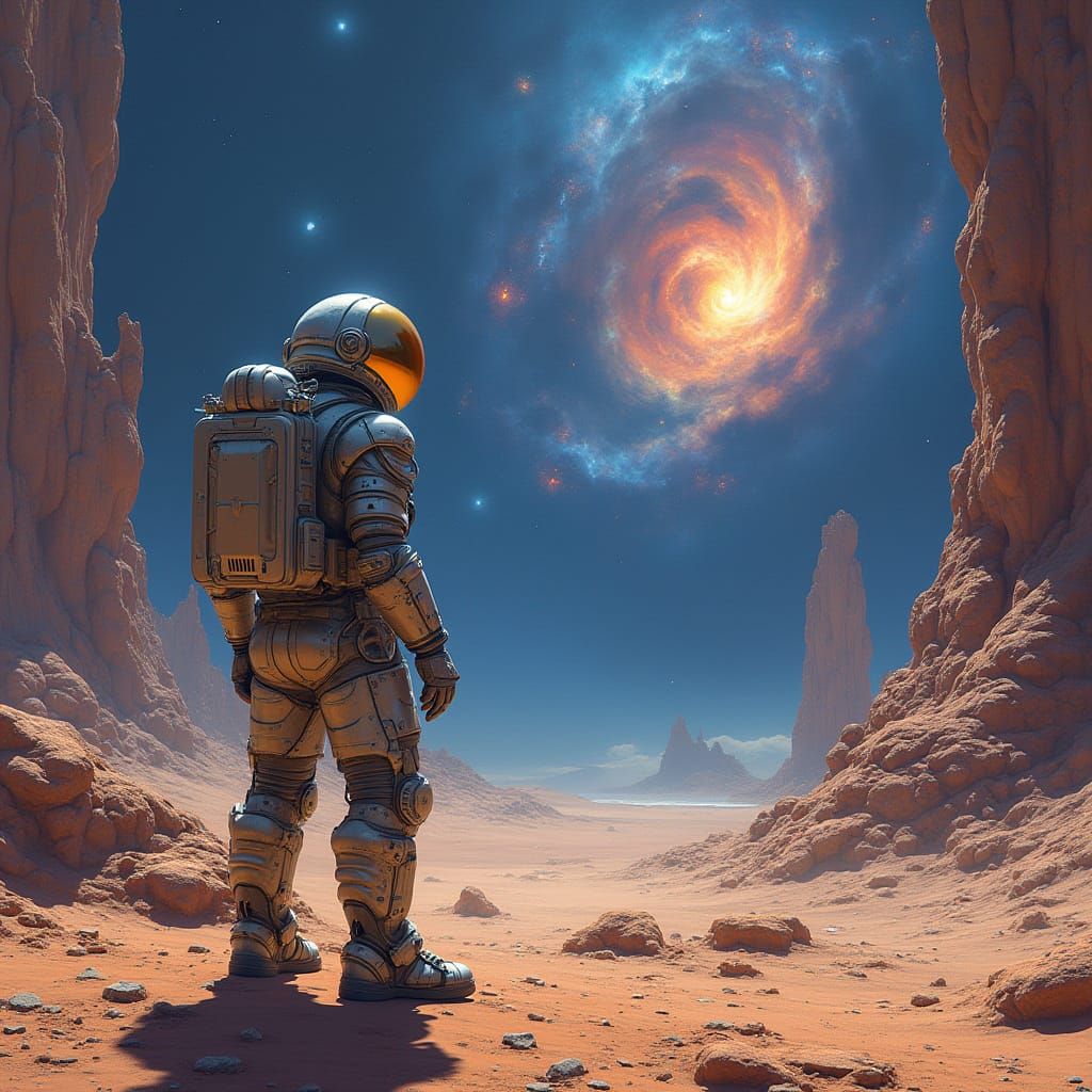 Astronaut Gazing at Nebula on Alien Planet