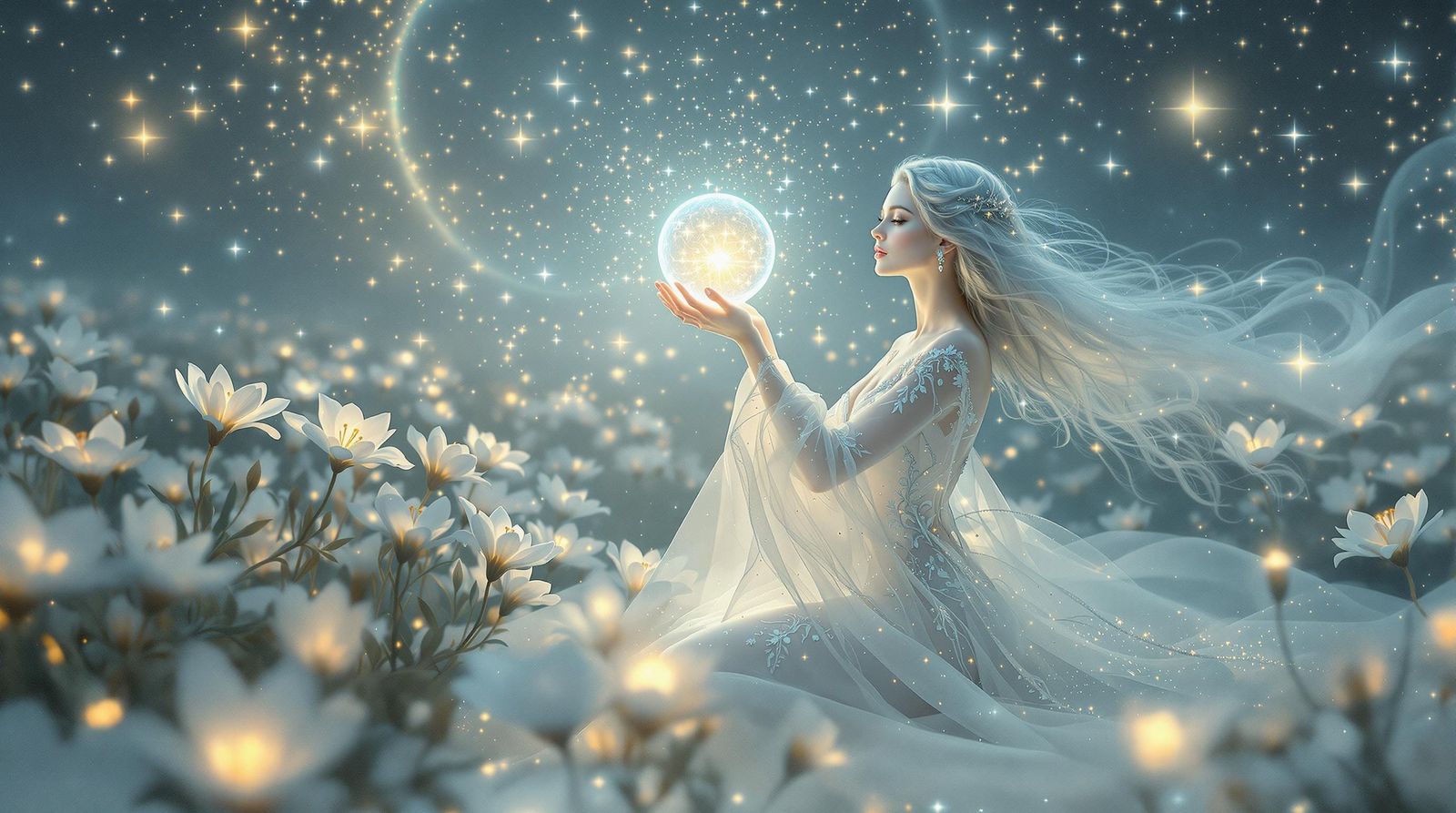 Ethereal Goddess in Moonlit Altar Scene