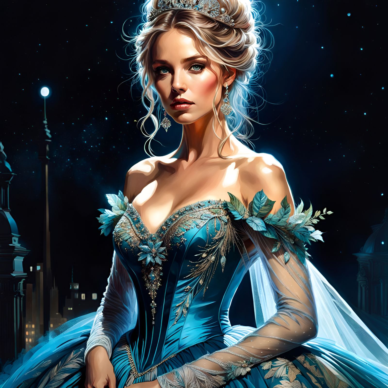 Gorgeous Woman in Ball Gown at Night