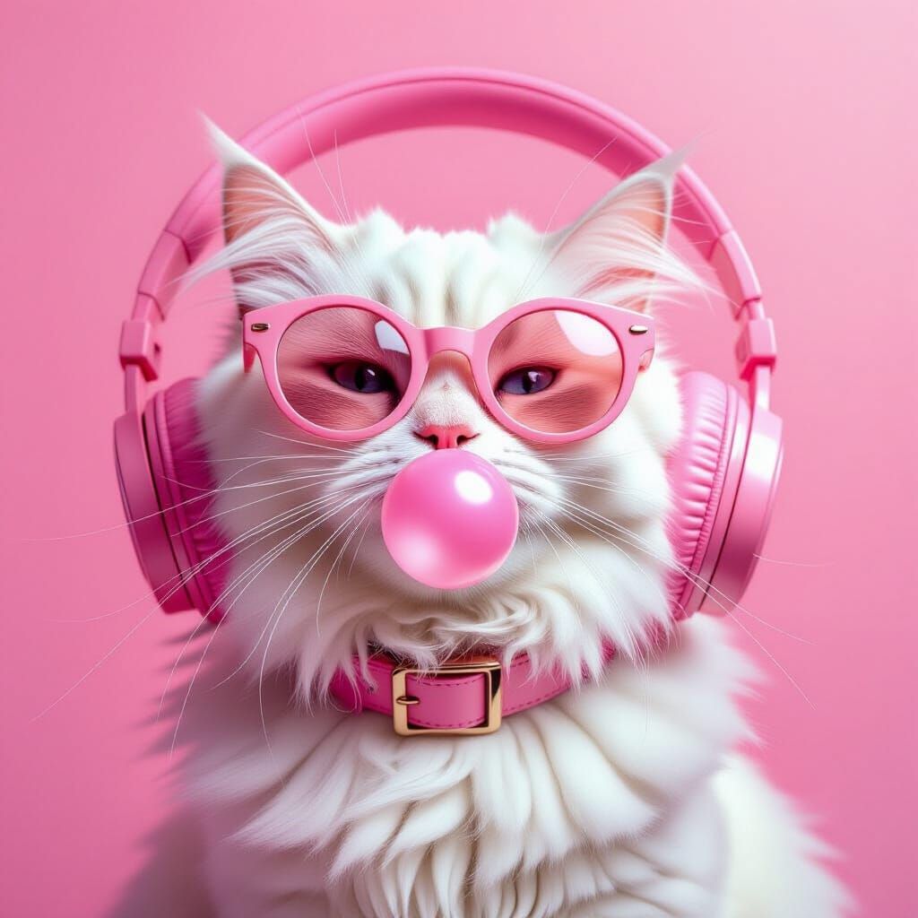 Cool Fluffy Cat in Pink Accessories with Bubblegum