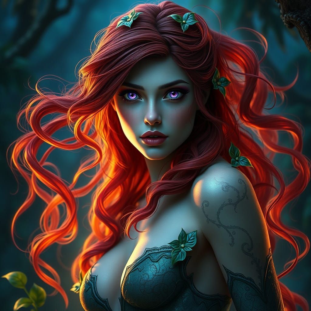 Surreal Red-Haired Siren Emerges from Mystic Forest