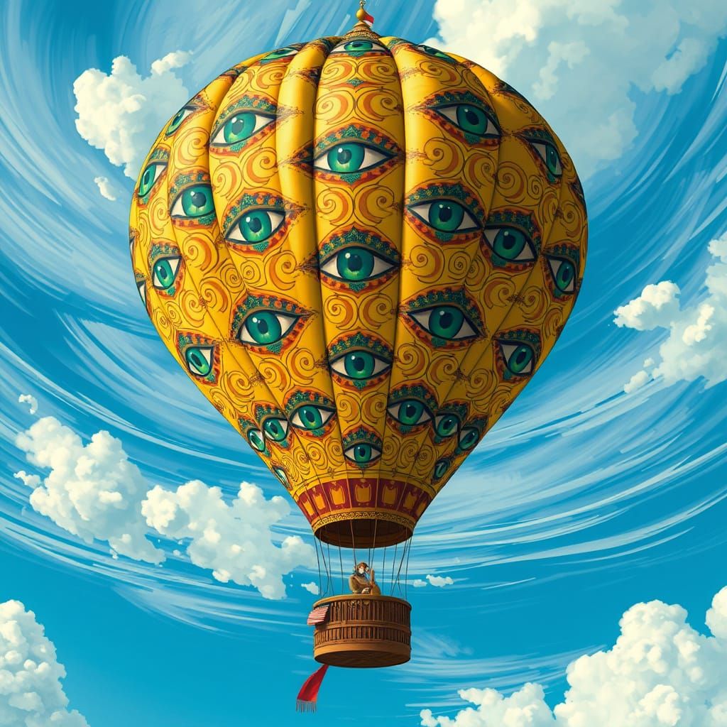 Whimsical Hot Air Balloon Rises into the Fantastical Blue Sk...