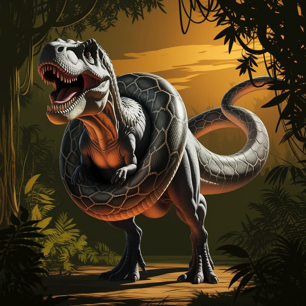 T-Rex and Python Battle in Dense Jungle