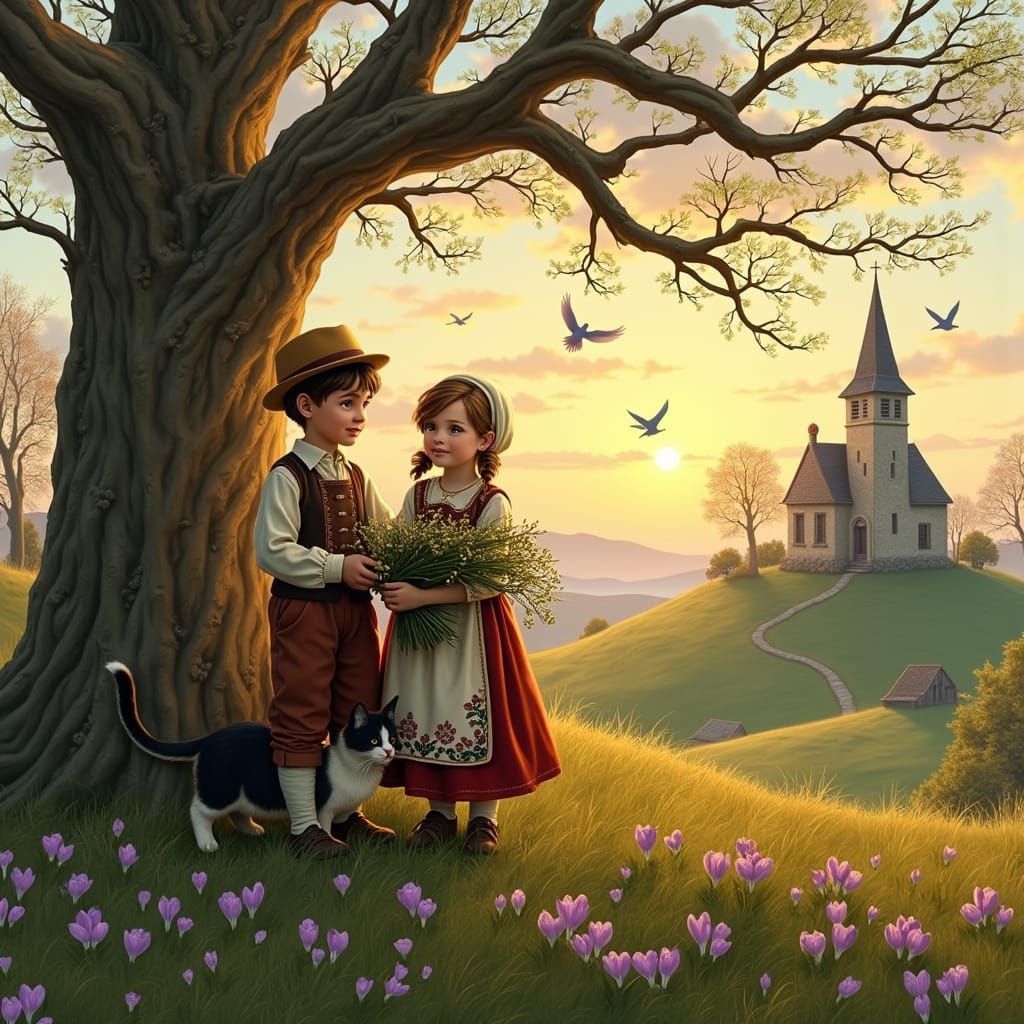 Springtime Fairytale Scene in Traditional European Style