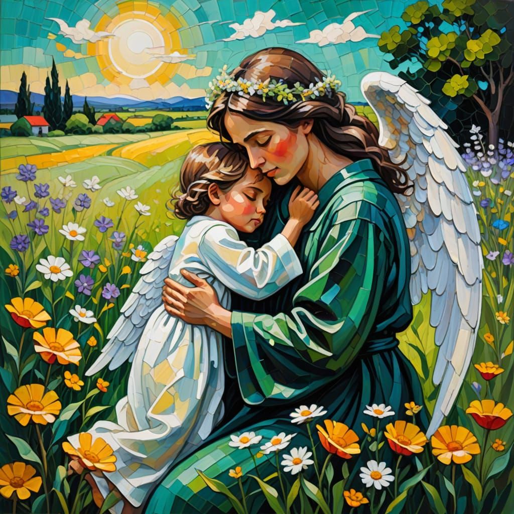A peaceful angel with white wings and dark flowy robes kissing sick sleeping child on the forehead. Background muted col...