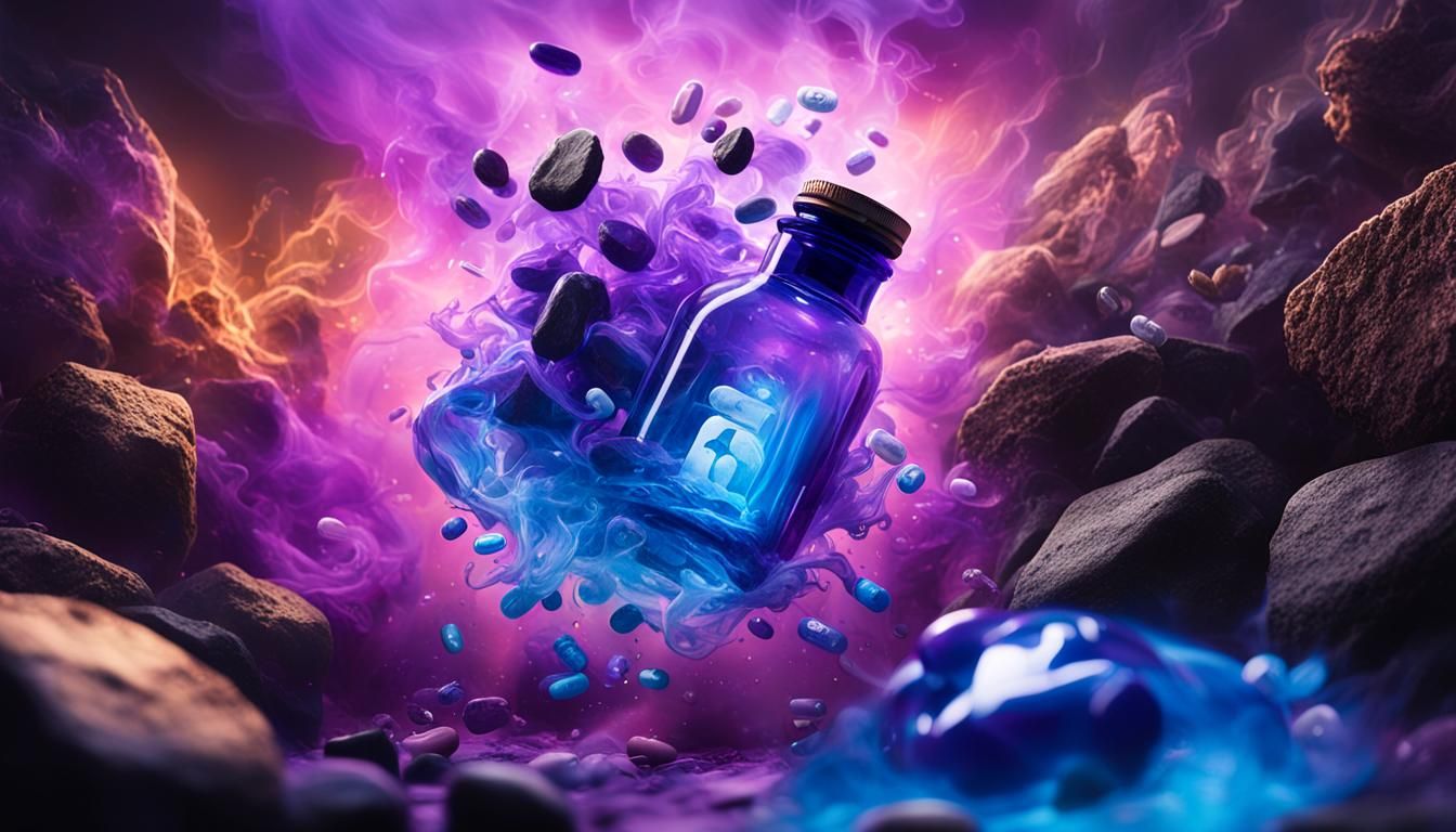 Floating Blue Pill Bottle in Dramatic Lighting