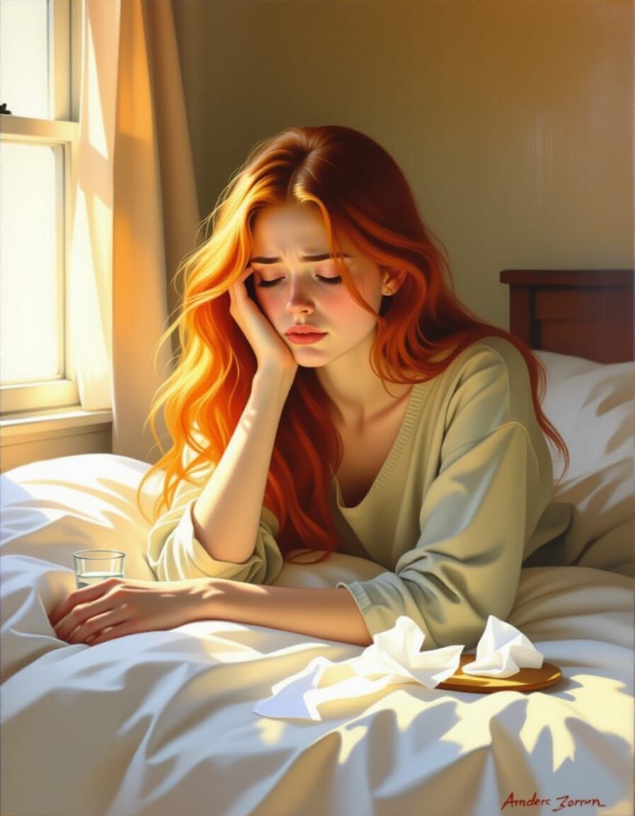 Melancholic Portrait of Unwell Woman in Warm Light