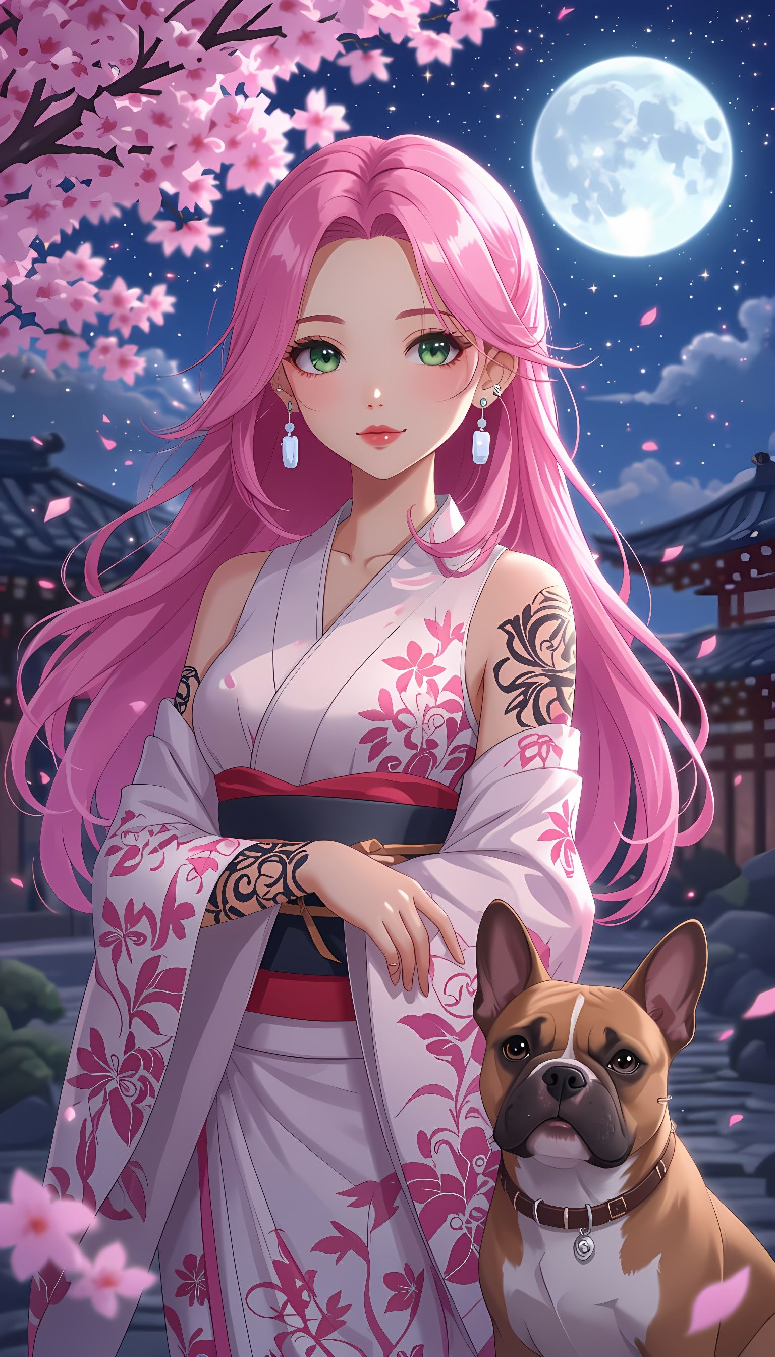 Anime Woman with Dog in Cherry Blossom Garden