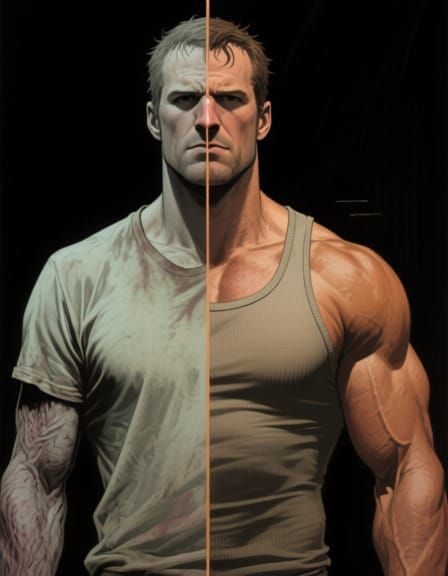 Duality: Frail Versus Muscular Man in Split Image