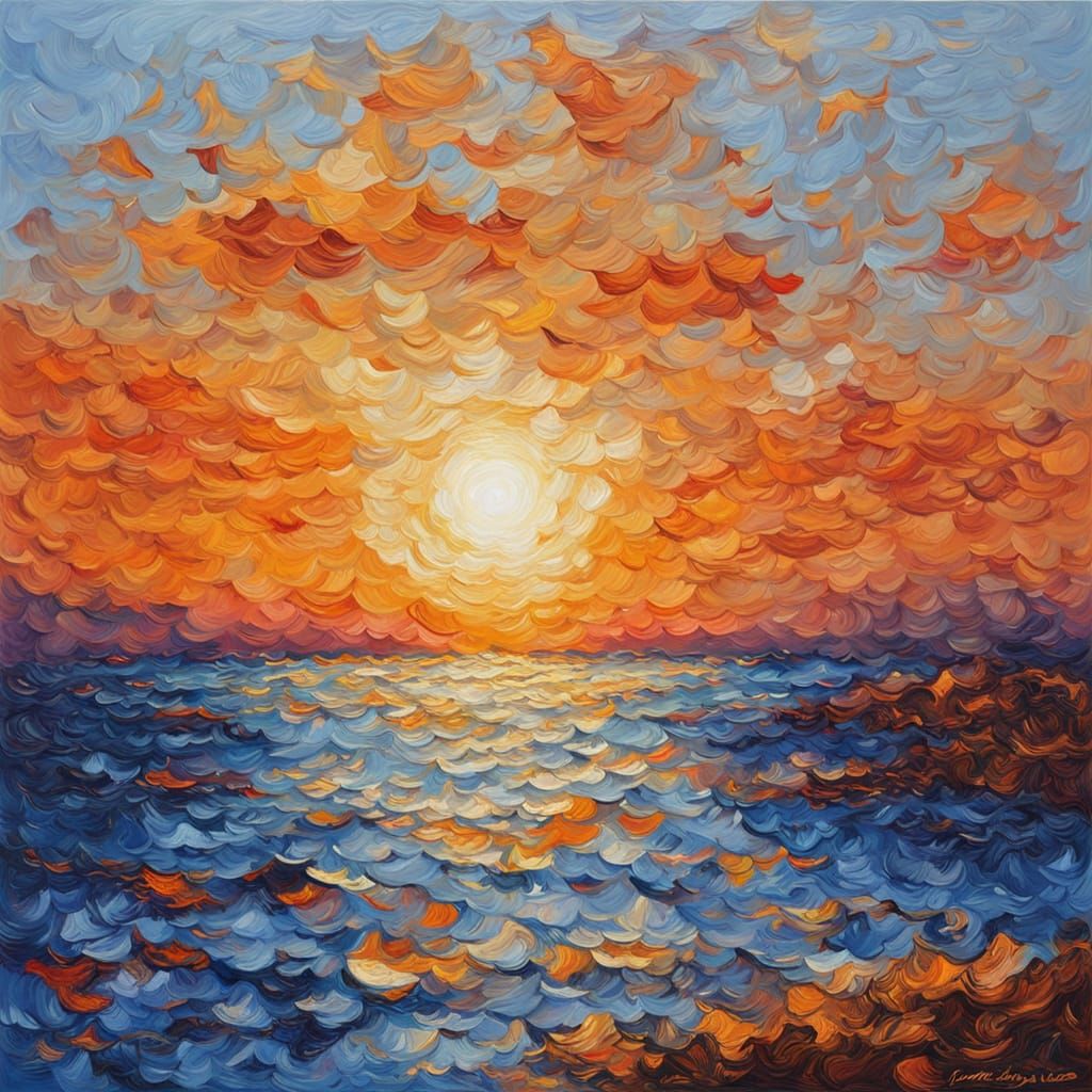 Vivid Sunrise Over Calm Sea Impasto Oil Painting