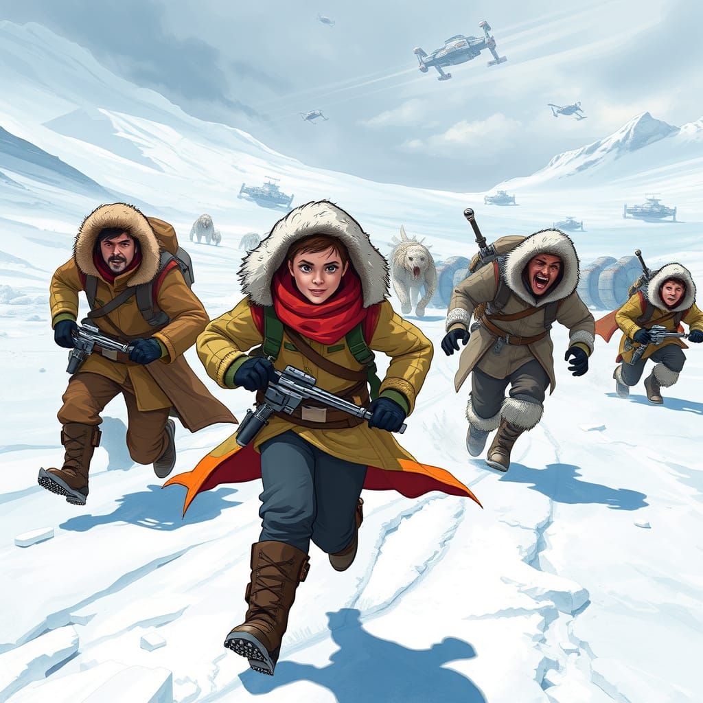 Adventurers Flee Wampas on Hoth in Vibrant Cartoon Style