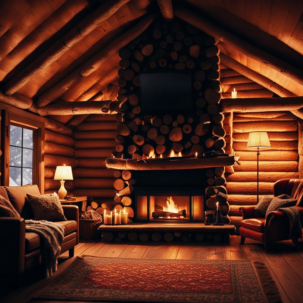 Cozy Log Cabin Interior with Fireplace