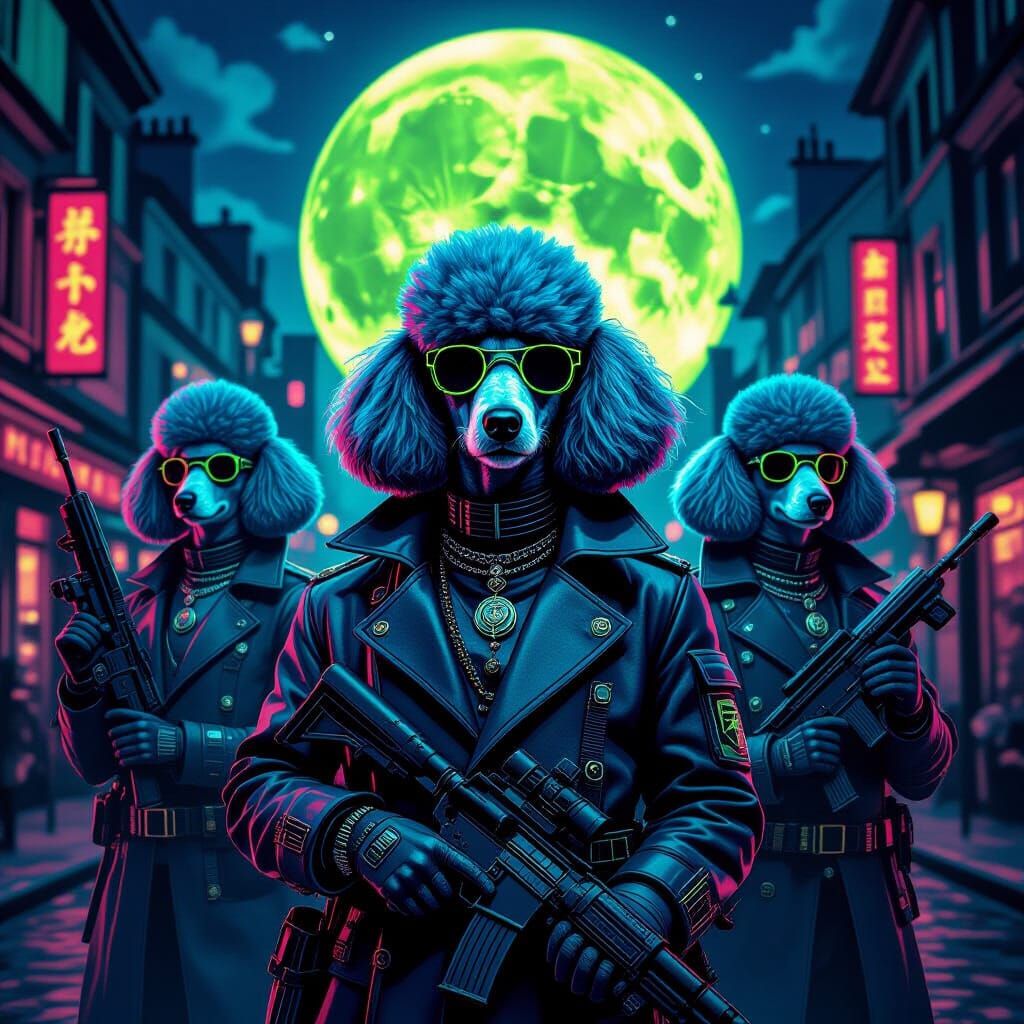 Cyberpunk Poodle Commandos Under Macabre Moon