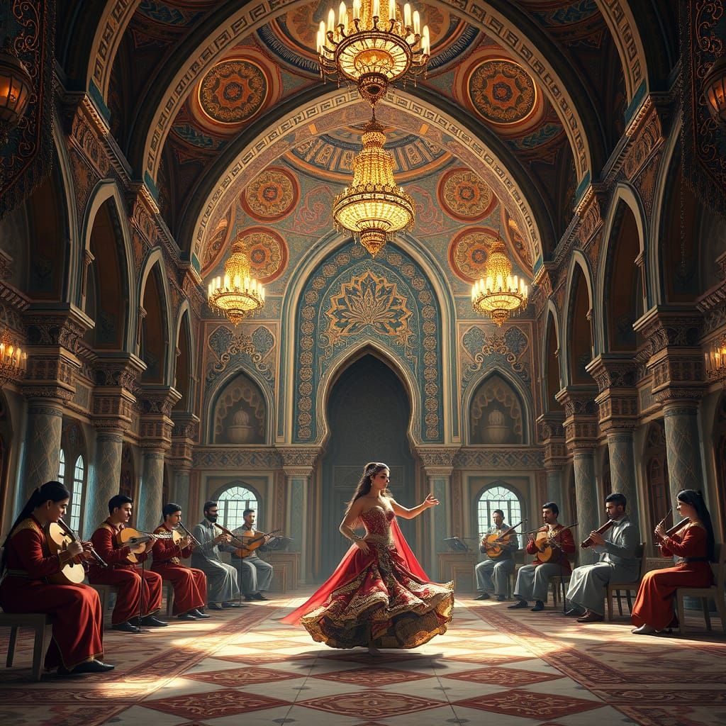 Surreal Arabian Nights Celebration in a Grand Palace Hall