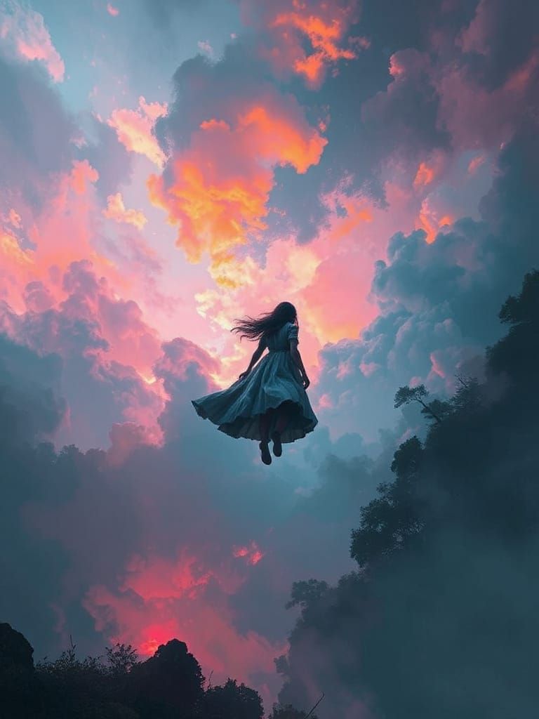 Figure Floats in Vibrant Surreal Dreamscape with Ethereal Li...
