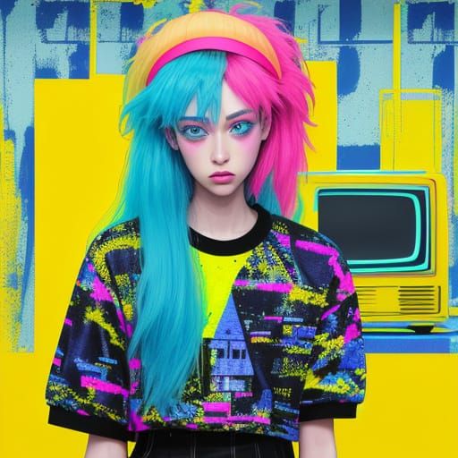 Absurdist Yellow Woman in Vaporwave Static