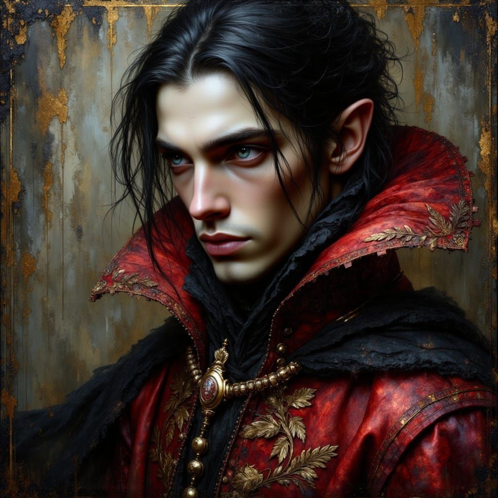 Vampire in Crimson Coat Awaits Prey: Impasto Oil Painting