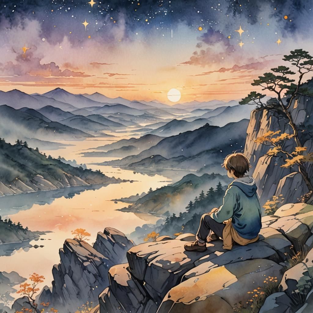Anime Landscape with Figure in Pastel Watercolors