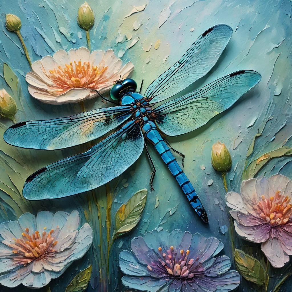 Dragonfly on Flower in Gouache Impasto Style