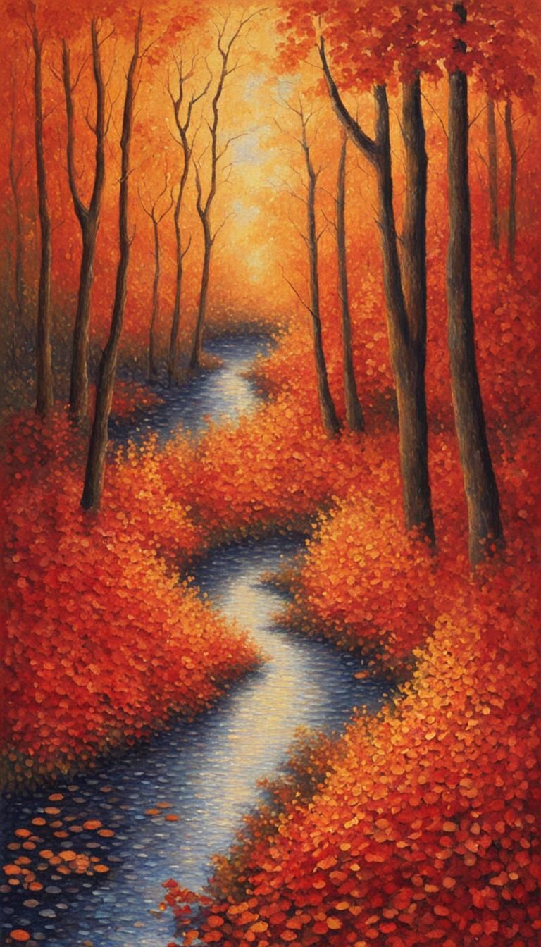 Autumn Forest Path in Pointillist Impressionism