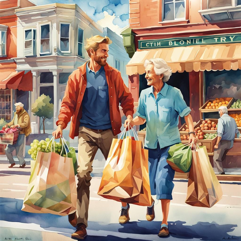 Kind Young Man Helping Elderly Woman: Watercolor