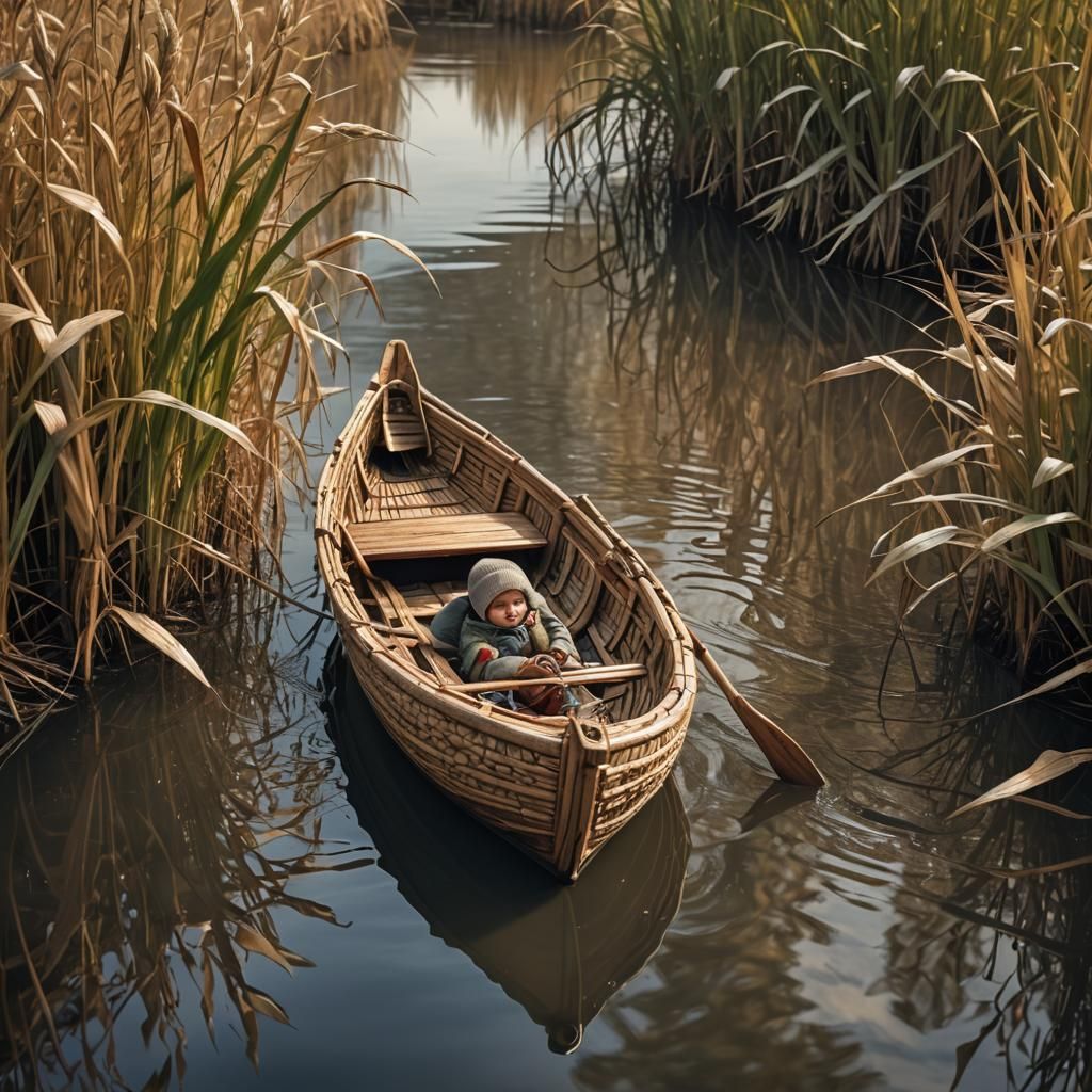 Baby in Reed Boat on River