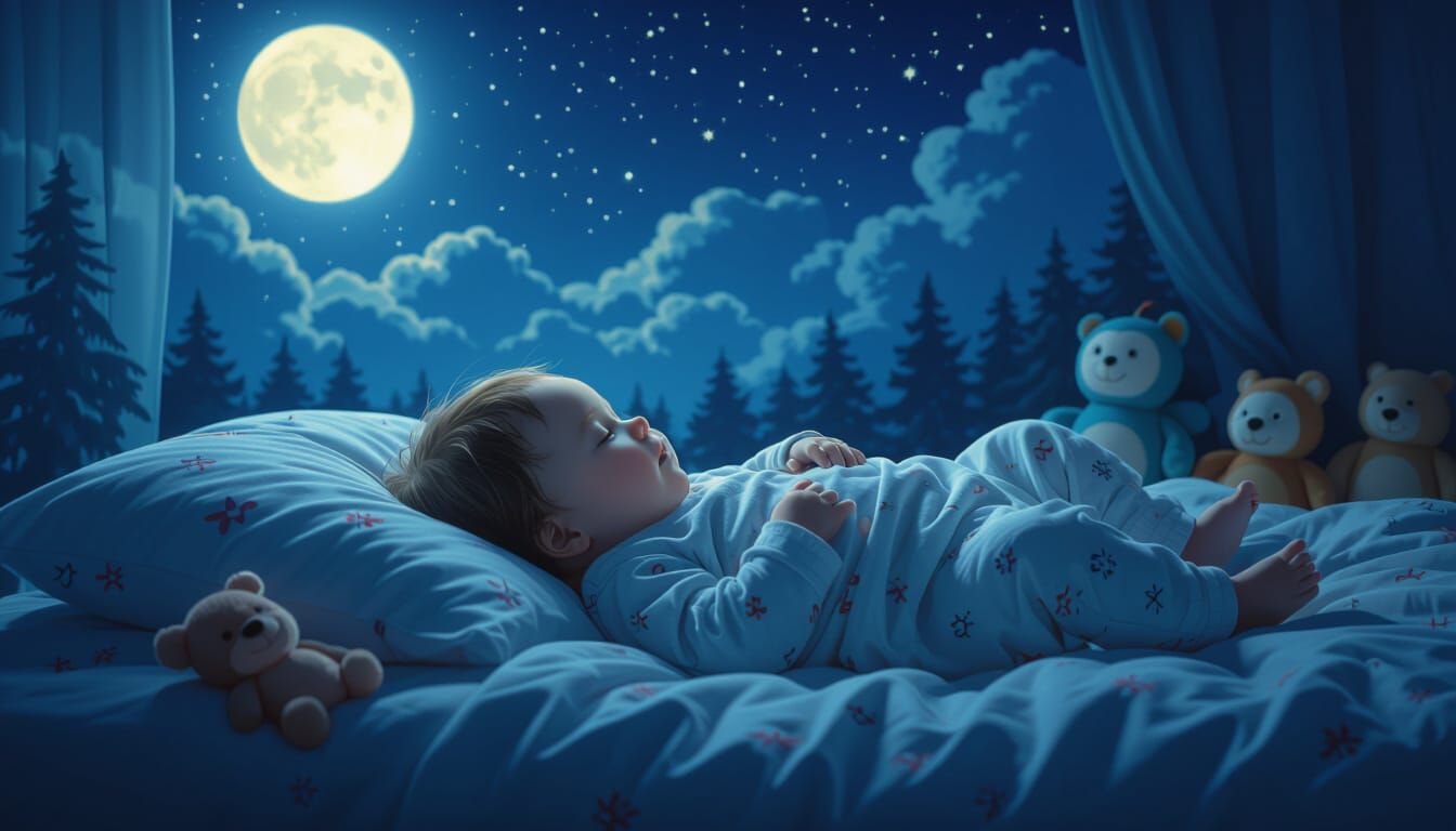Baby Asleep Surrounded by Dolls in Dark, Quiet Night