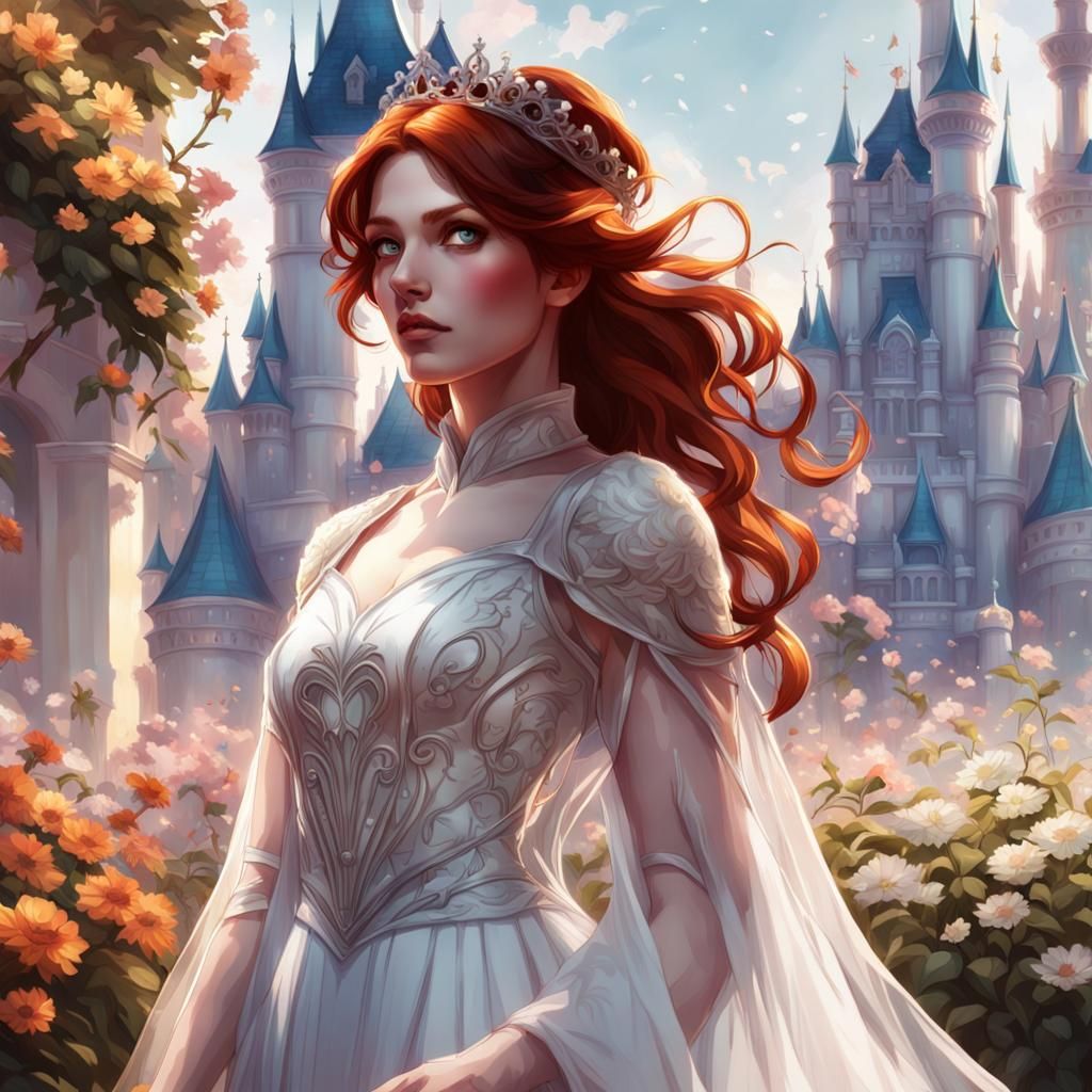 Redhead Princess in Flower Garden, Hyperdetailed Portrait