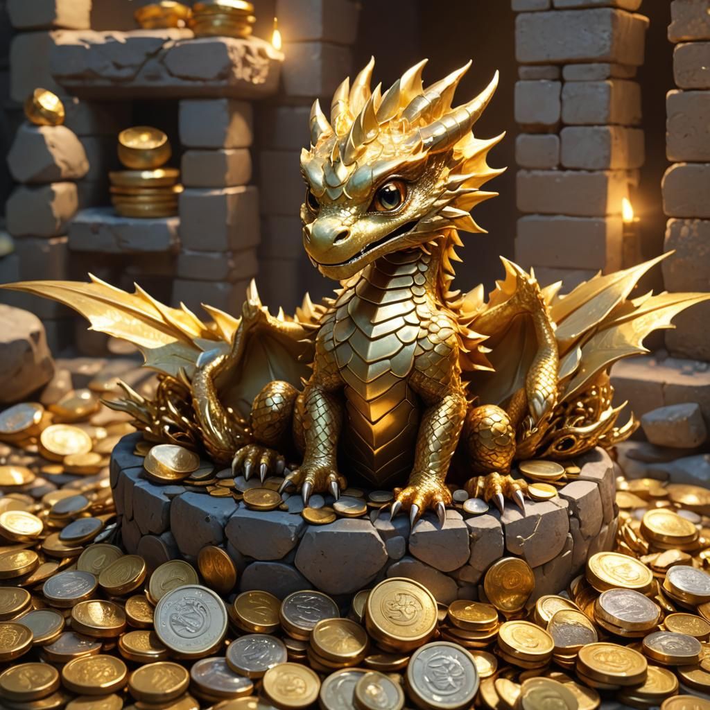 Golden Dragon Hatchling in Stone Tower, 3D Anime Art