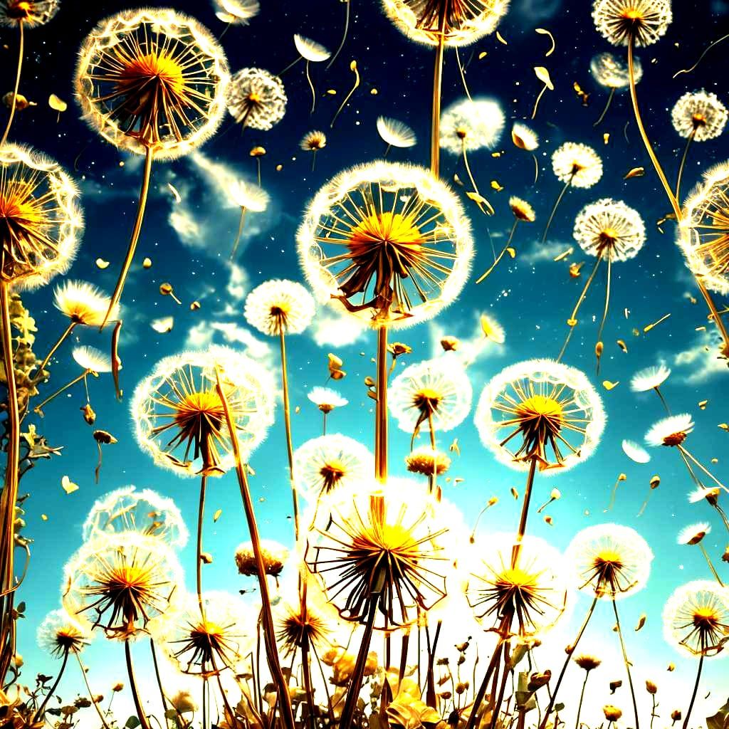 Transparent Gold Dandelion Sculpture in Dreamy Sky