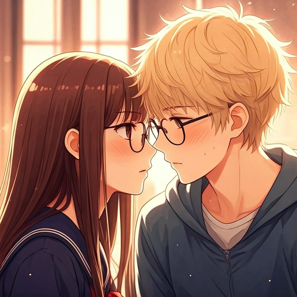 Anime-Inspired Couple About to Kiss in Watercolor Style