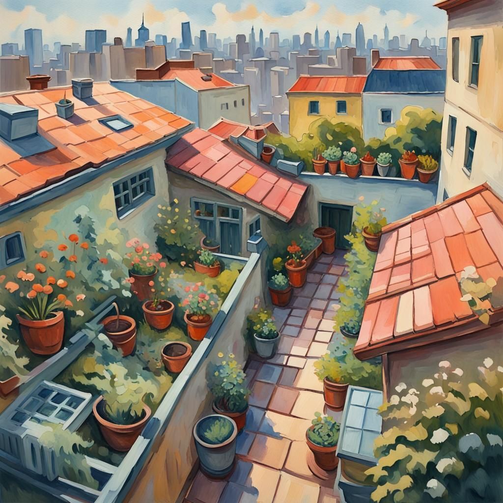 City Rooftop Garden in Gouache Watercolor Style
