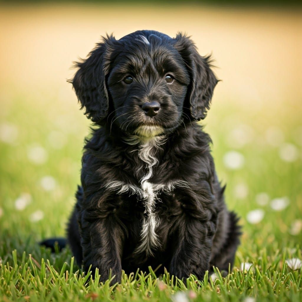 Playful Black Cavapoo Puppy in Sun-Drenched Meadow