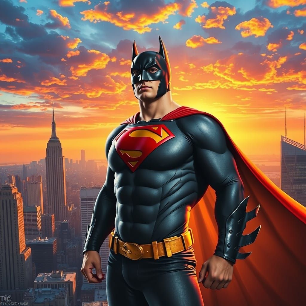 Powerful Vigilant Hero Dominates Sunset City Skyline
