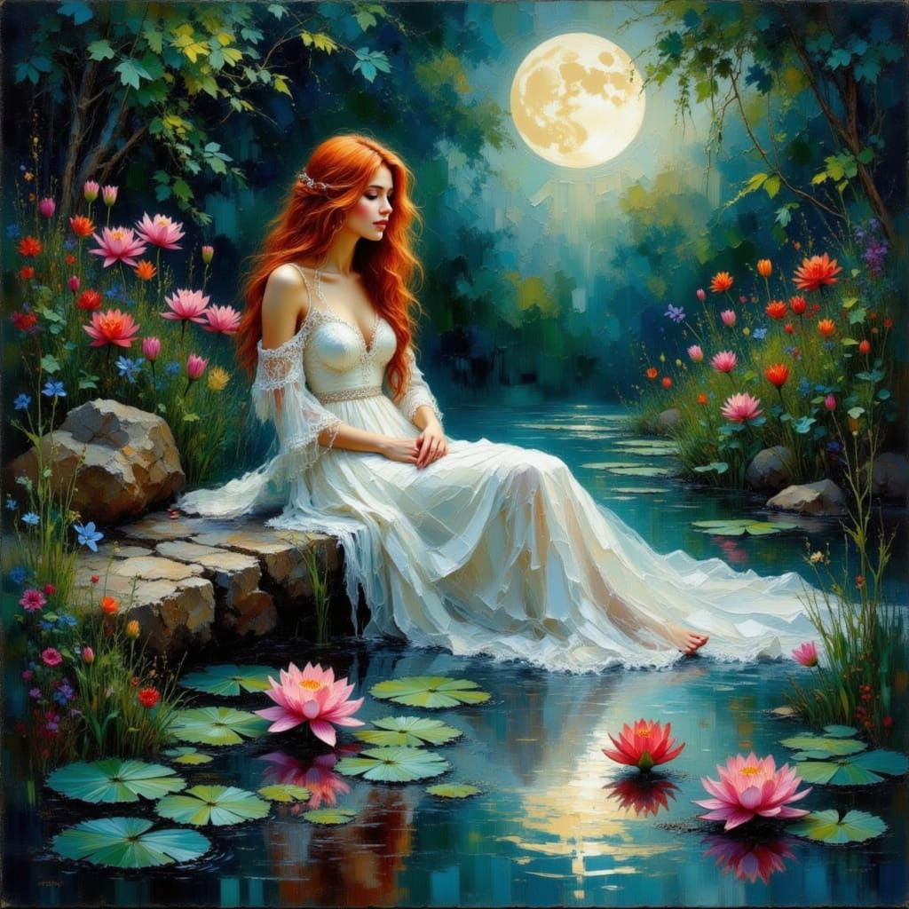 Red-Haired Woman Relaxing in Pond, Ink and Oil Paint