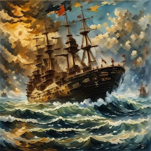 Burning Ship on Rough Seas: Oil Painting