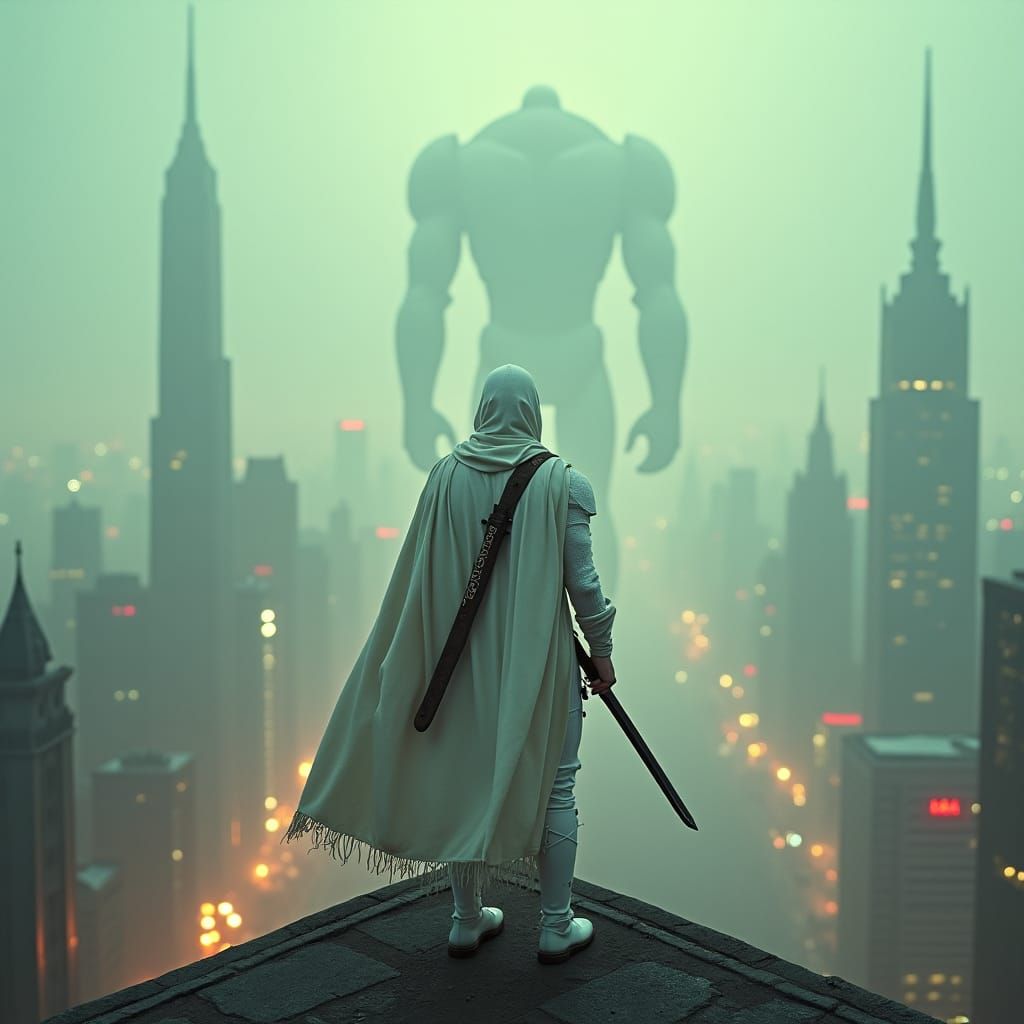 Superhero in Dystopian Metropolis: Cinematic Still