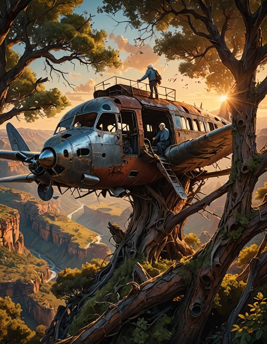 Hyperrealistic Old Man in Plane-Treehouse at Sunset