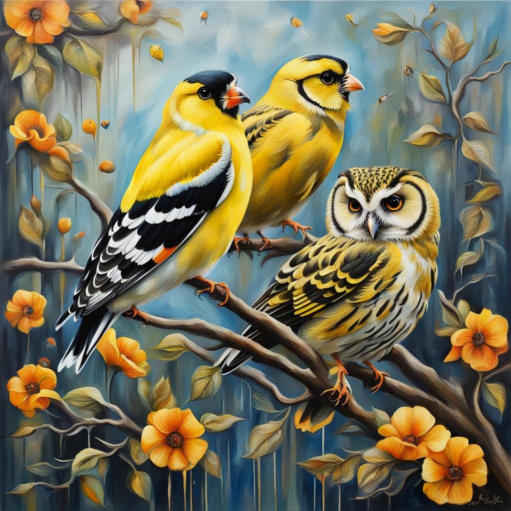 Goldfinch and Owl Masterpiece Painting in Abstract Style