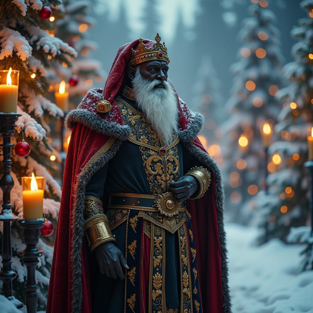 Ornate Black Santa Claus in Winter Wonderland
