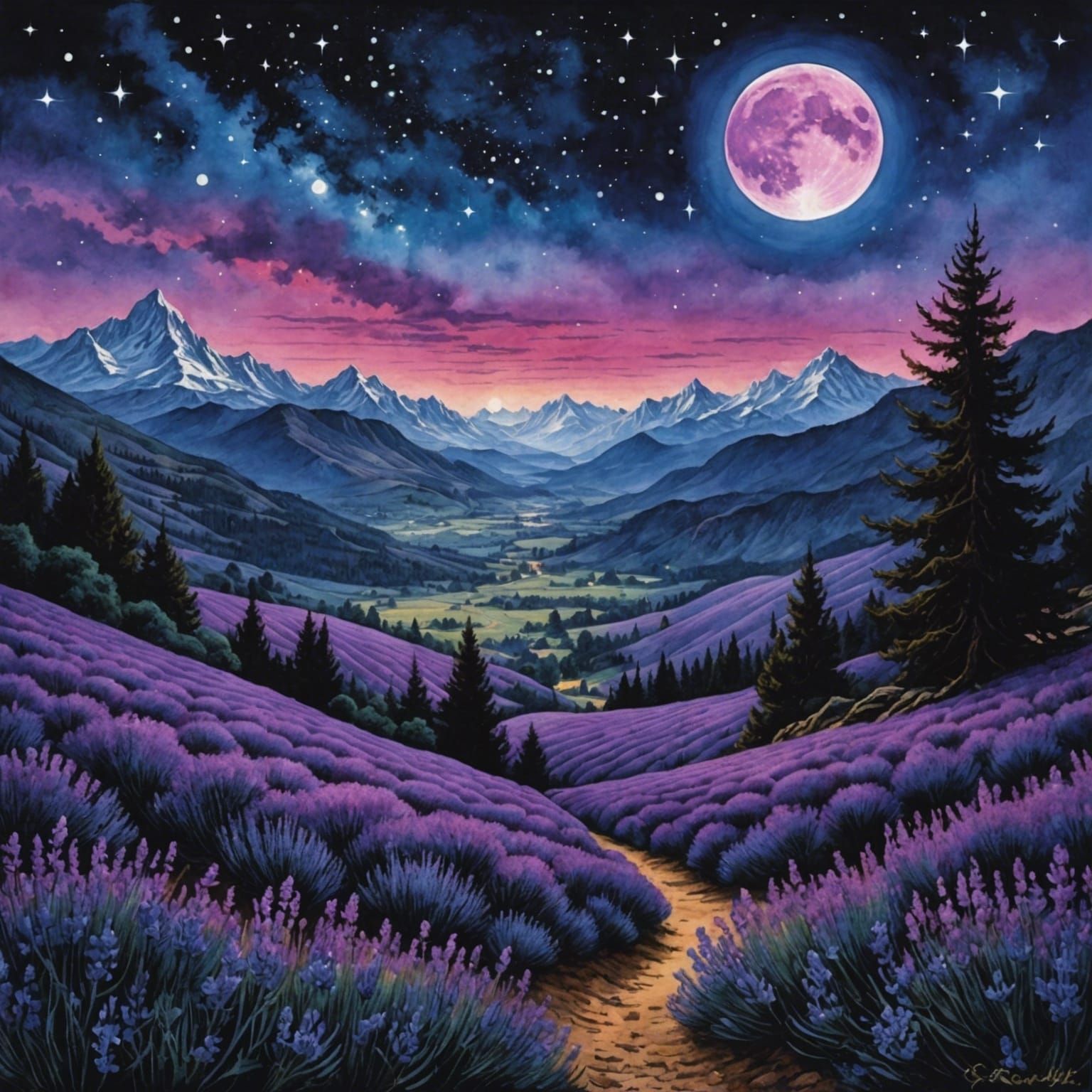 Lavender Field with Moon in Watercolor Style