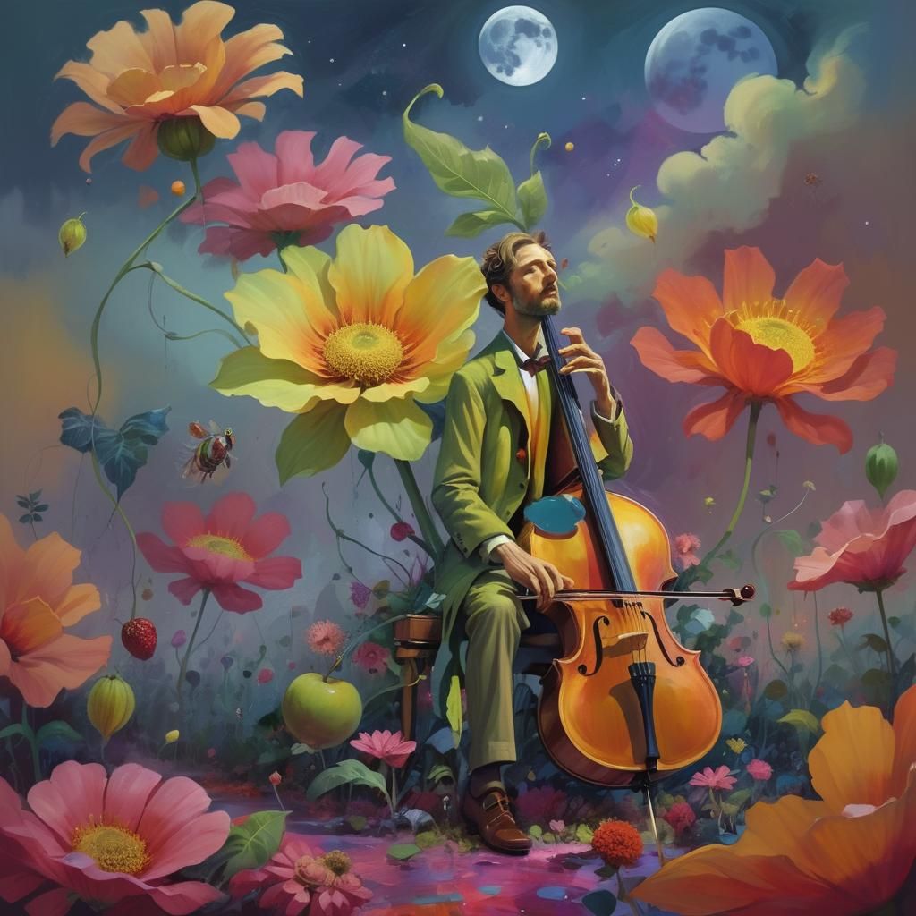 Surreal Dreamlike Garden with Cellist, Abstract Splash Art