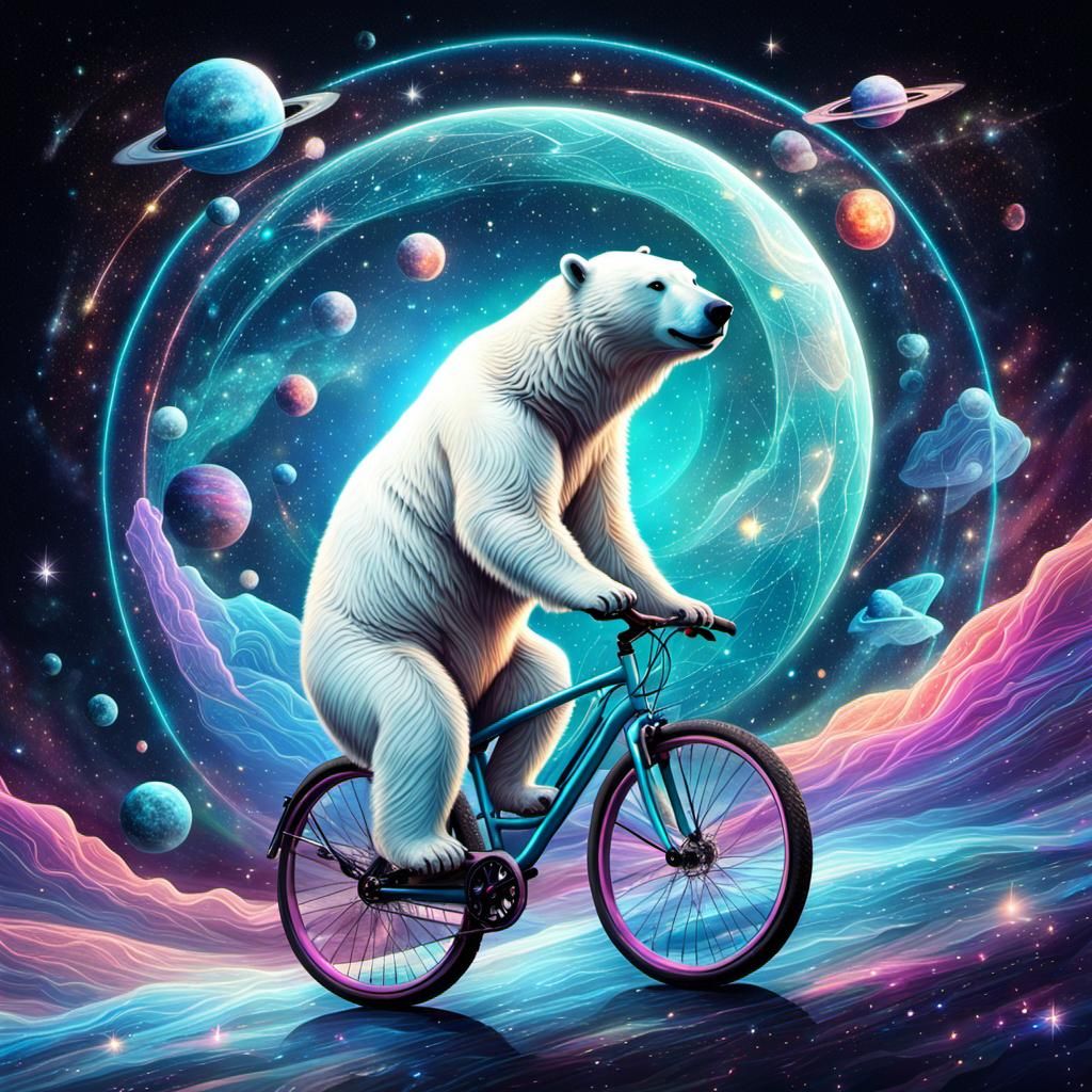 Polar Bear Rides Bicycle Through Space, Astral Illustration