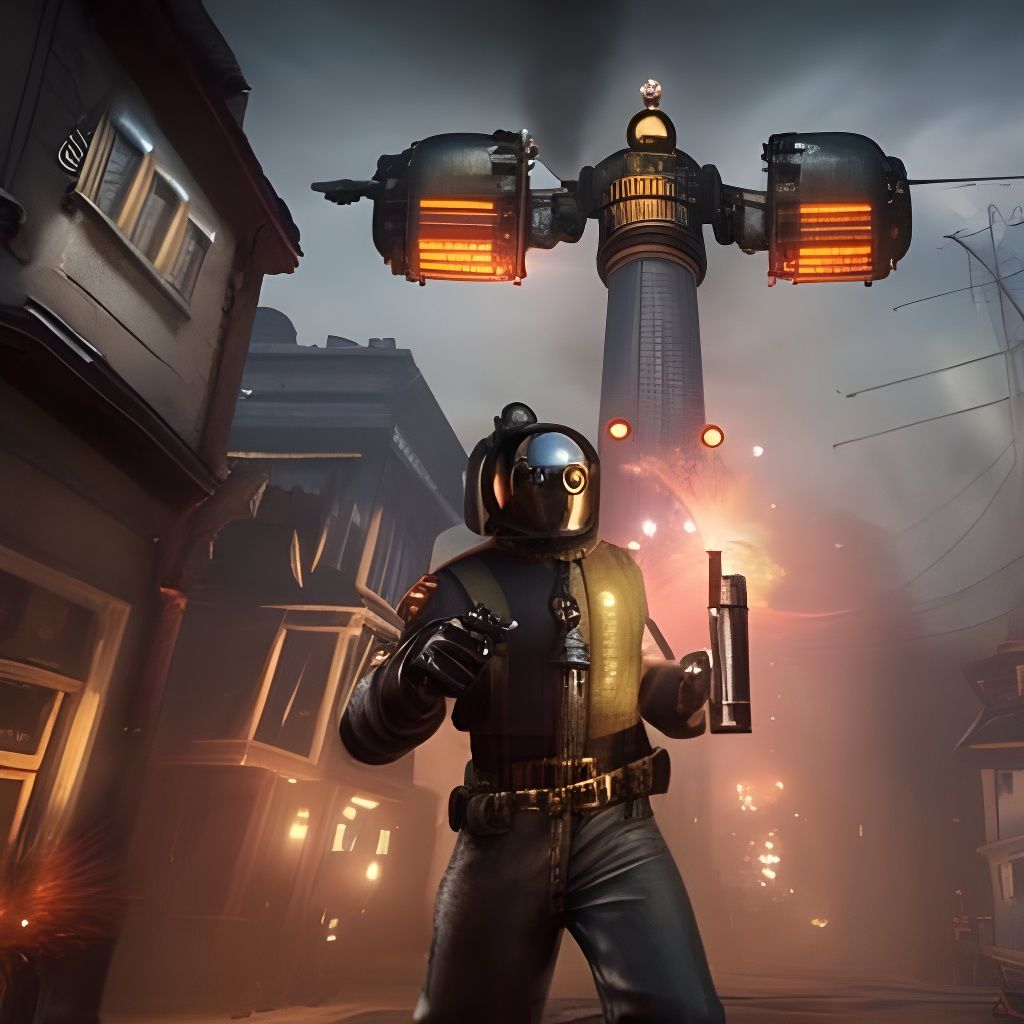 Steampunk Firefighter in Industrial Setting, Detailed 8K Ren...