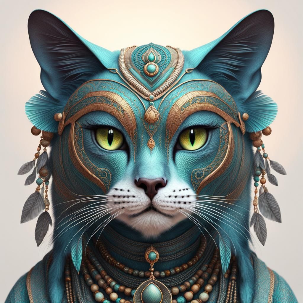 Mystical Exotic Cat in Boho Clothes: 3D Render