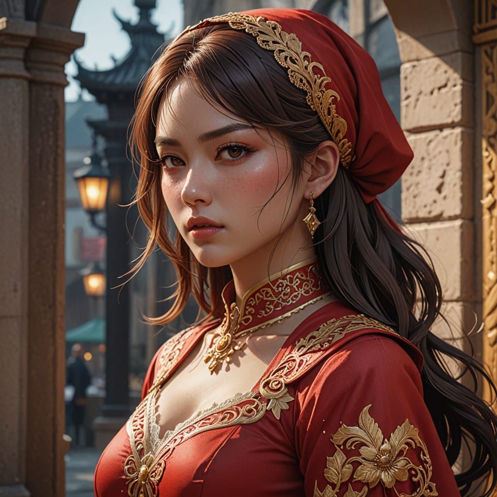 Anime Girl in Red Dress with Golden Trim